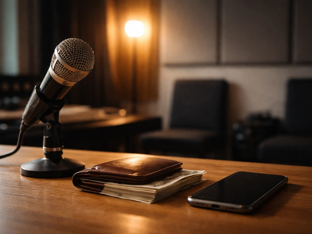 Minimal studio scene with a microphone and cash-like props suggesting music earnings and verification.