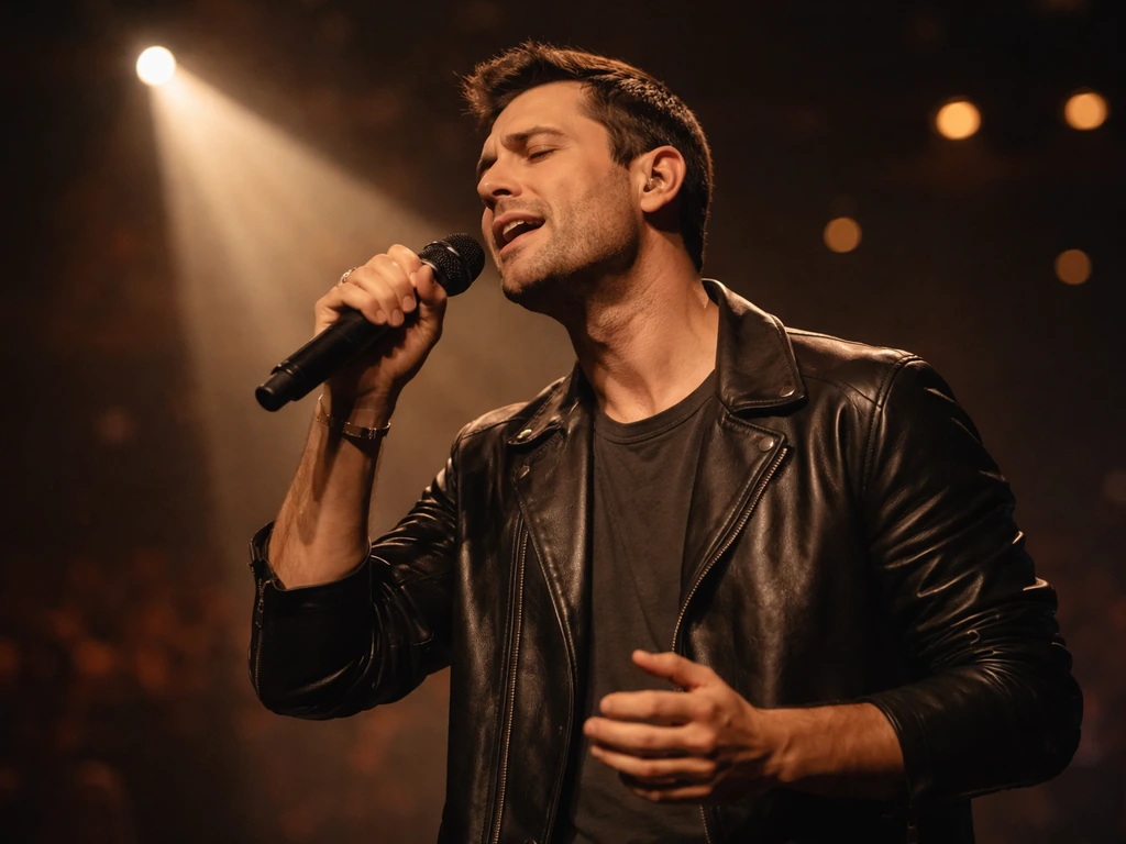 Anonymous male singer performing onstage under warm spotlights with microphone, dark blurred background.
