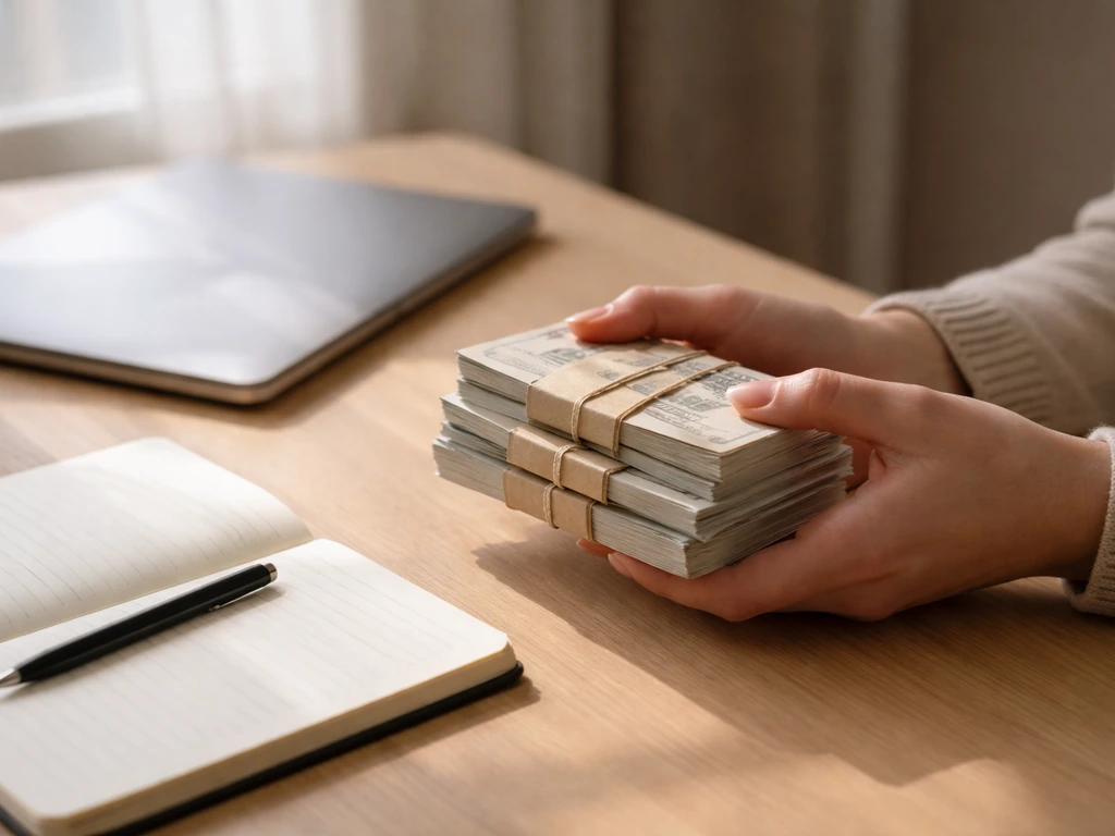 Anonymous hands on a wooden desk holding cash envelopes beside a notebook and closed laptop.