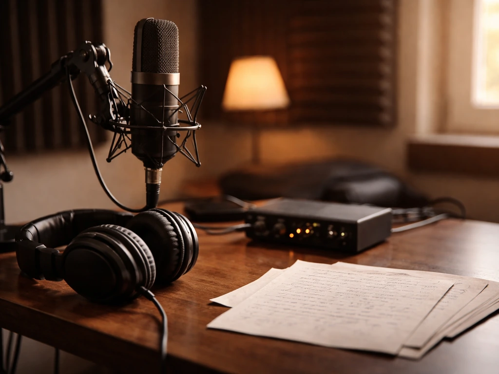 Recording studio desk with microphone and headphones, suggesting ongoing music royalties.