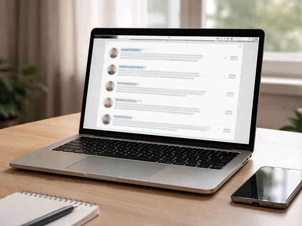 Laptop on a desk showing an unreadable LinkedIn-style profile panel for identity verification.