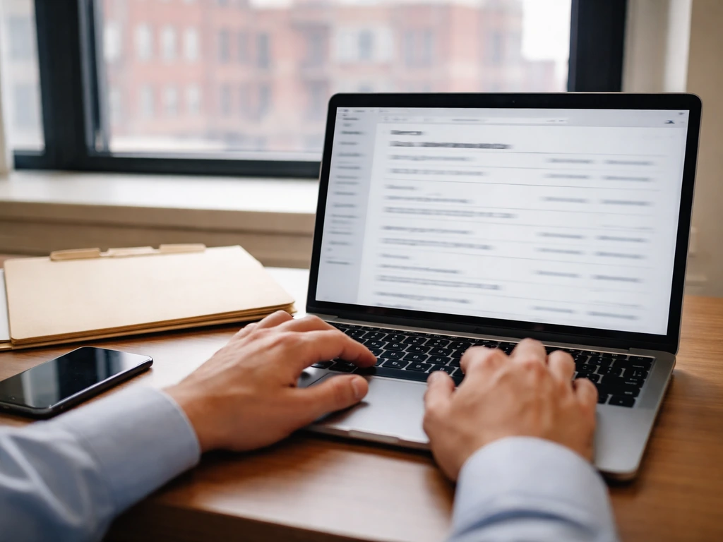 Anonymous hands review a laptop with blurred business search results on a Massachusetts office desk.