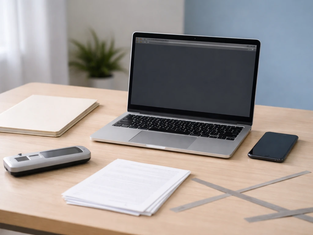 Minimal desk with laptop, phone, and unmarked forms suggesting a corporate registry search workflow.