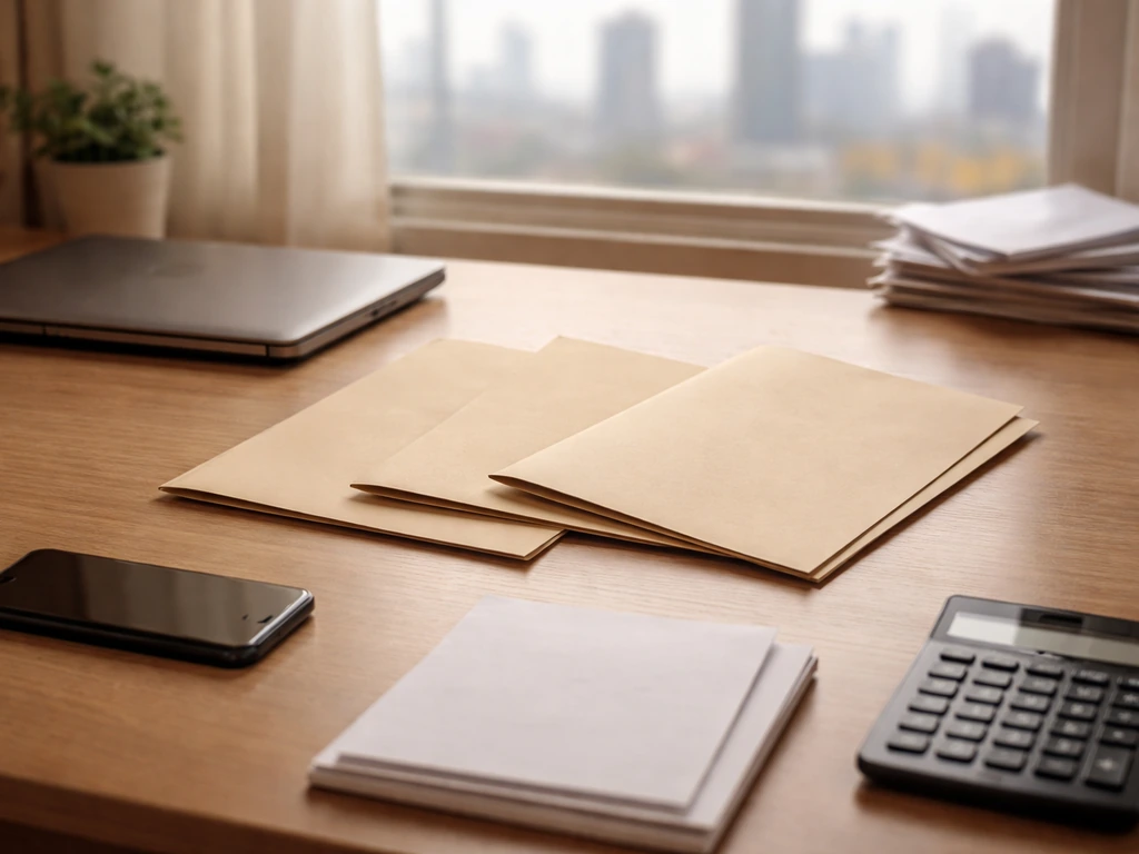 Minimal desk scene with smartphone, laptop, blank papers, calculator, and folders symbolizing triangulating net-worth so