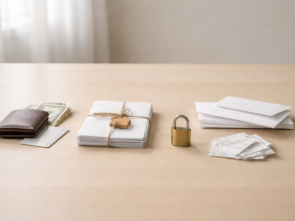Minimal desk scene with wallet and documents on one side, envelopes and padlock on the other to imply assets vs liabilit