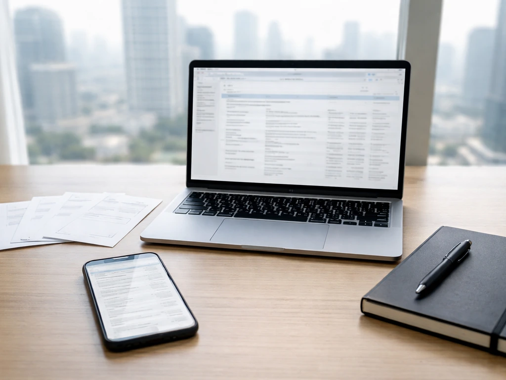 Minimal desk scene with blank checklist cards, phone, and laptop for anonymous net-worth research.