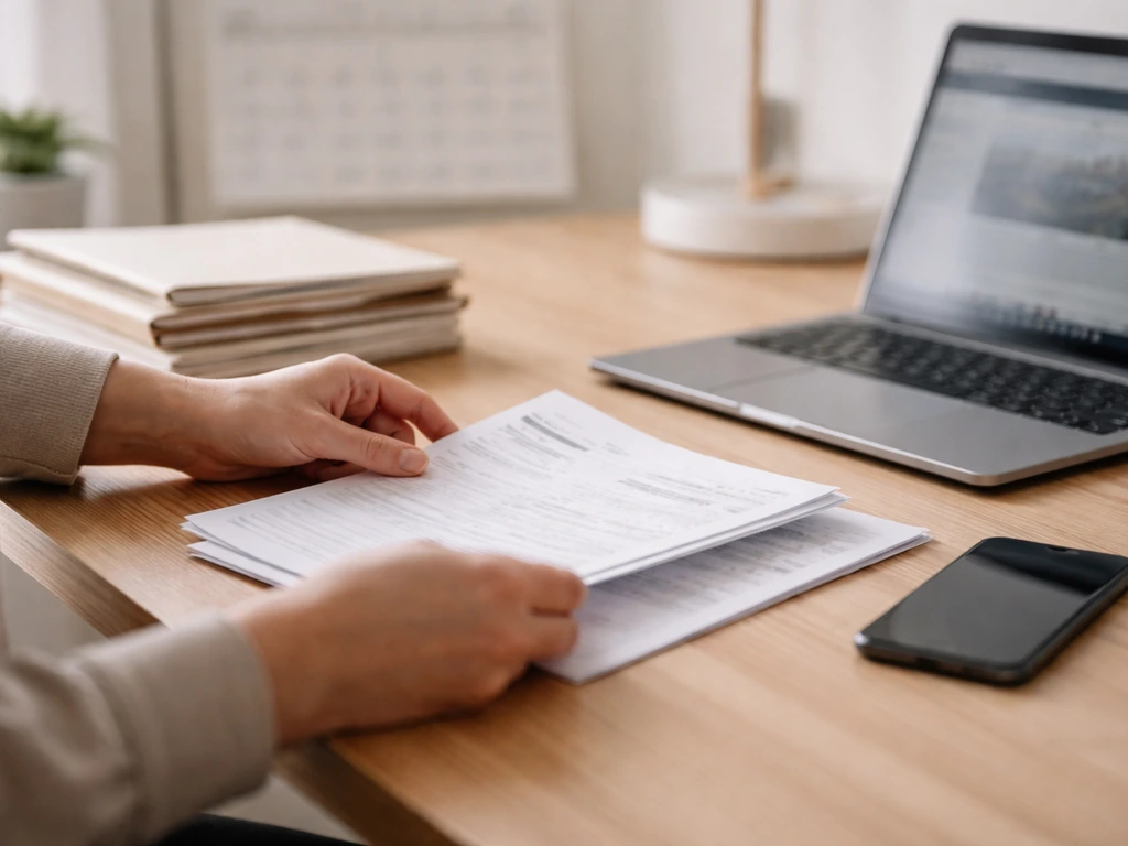 Hand placing documents beside a laptop showing blurred stock headlines, hinting at conflicting financial dates