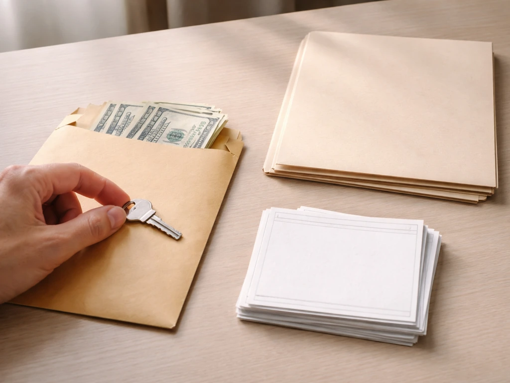 Desk scene with cash, a house key, and plain bills to symbolize assets versus liabilities.