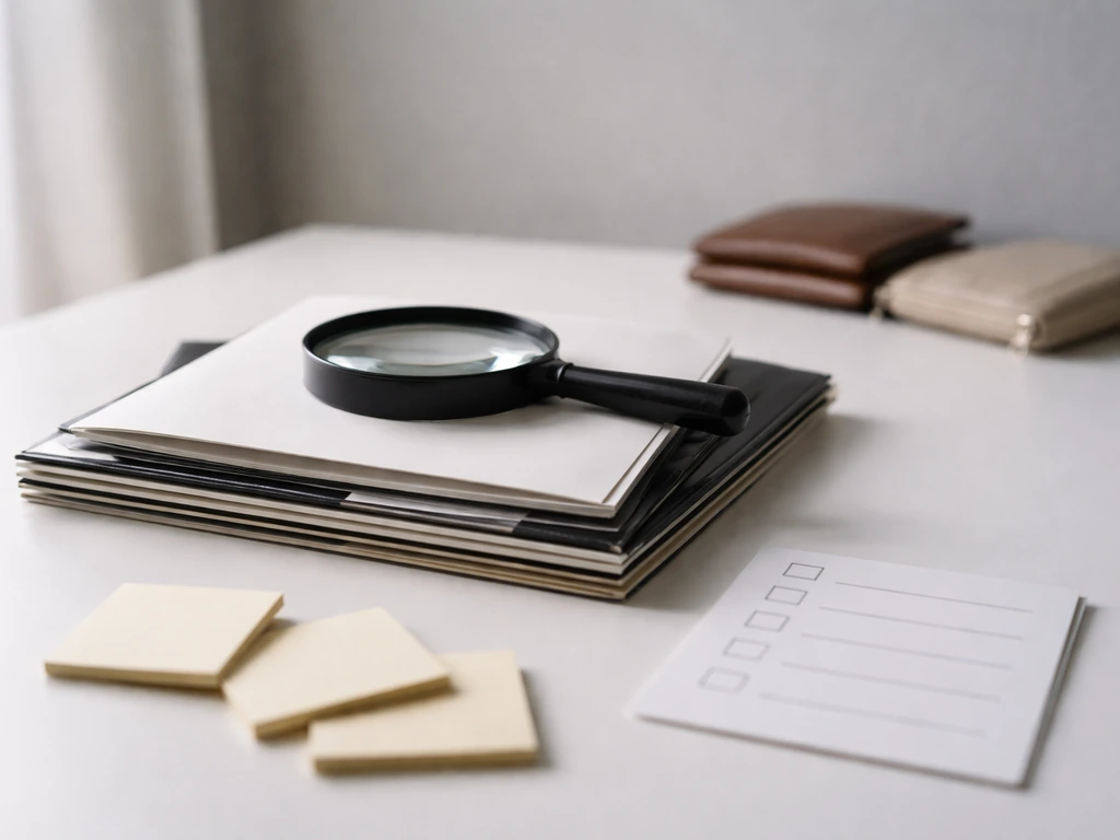 Magnifying glass over Greek-style music records, with soft checklist items symbolizing royalties verification