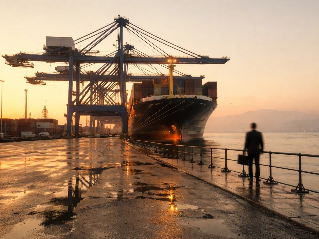 Golden-hour view of a large cargo ship in a Greek port, evoking billionaire shipping wealth.