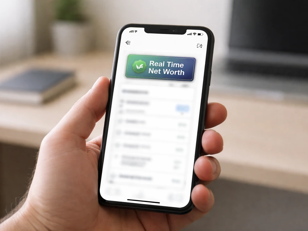 Hand holding a smartphone showing a generic wealth-profile webpage with a “real-time” net worth badge