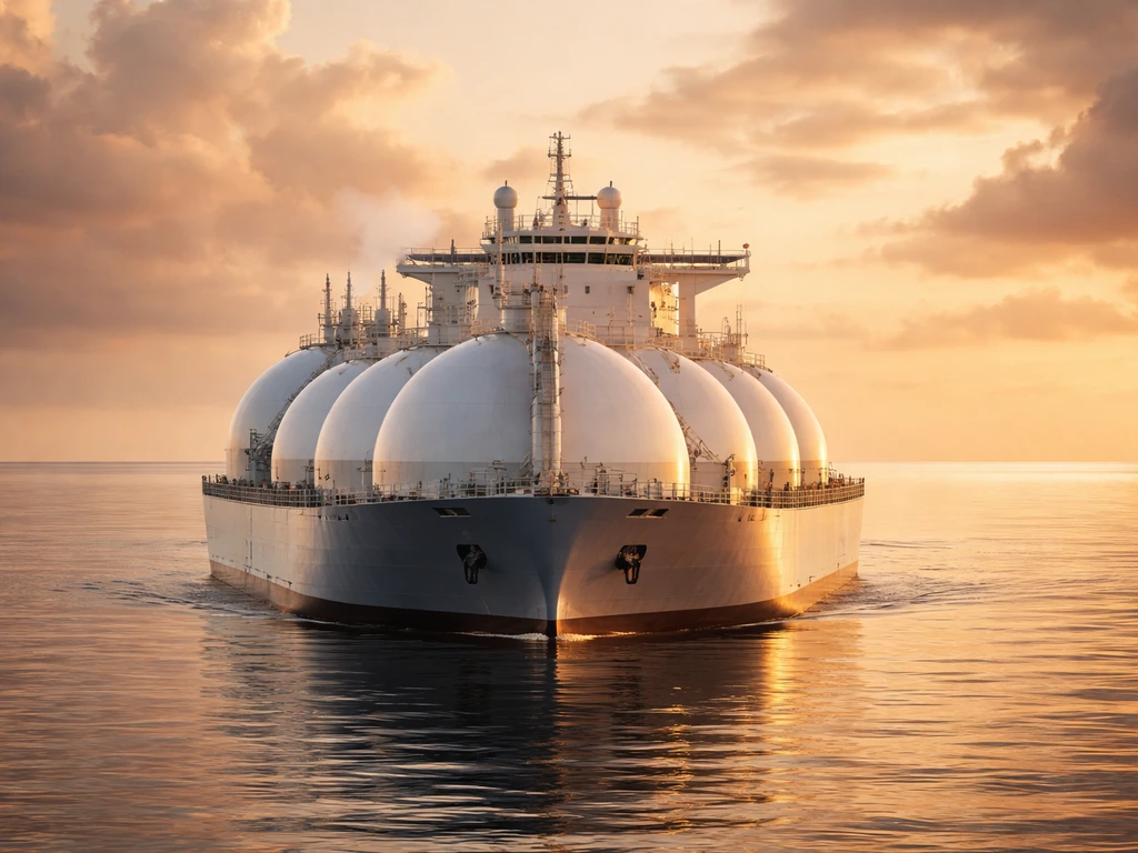 Modern LNG tanker at golden hour with calm sea and visible deck equipment, vapor near superstructure