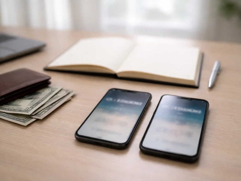 An anonymous desk with two smartphones showing different net-worth-style numbers, symbolizing conflicting estimates.