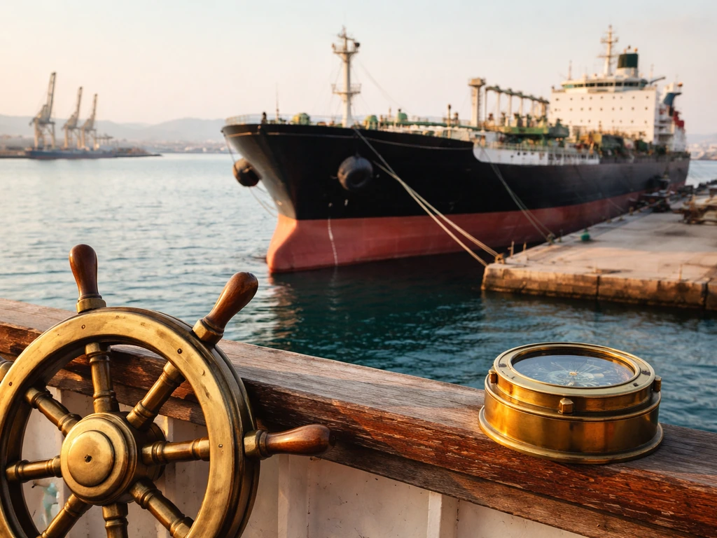 Modern tanker docked at a Greek port with ship wheel and compass in the foreground.