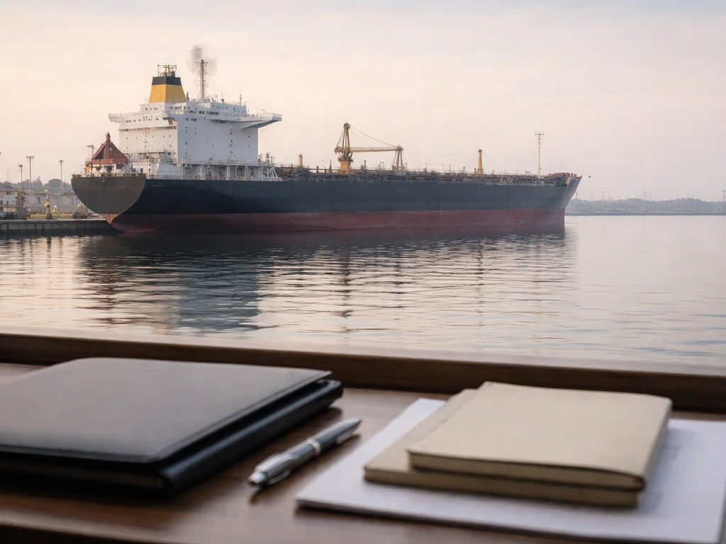 Cargo ship at harbor beside a minimalist office desk with a binder, symbolizing public wealth disclosure.