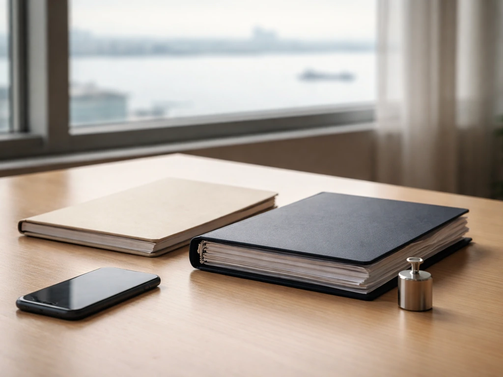 Office desk with two folders and a phone suggesting differing valuation sources and timing