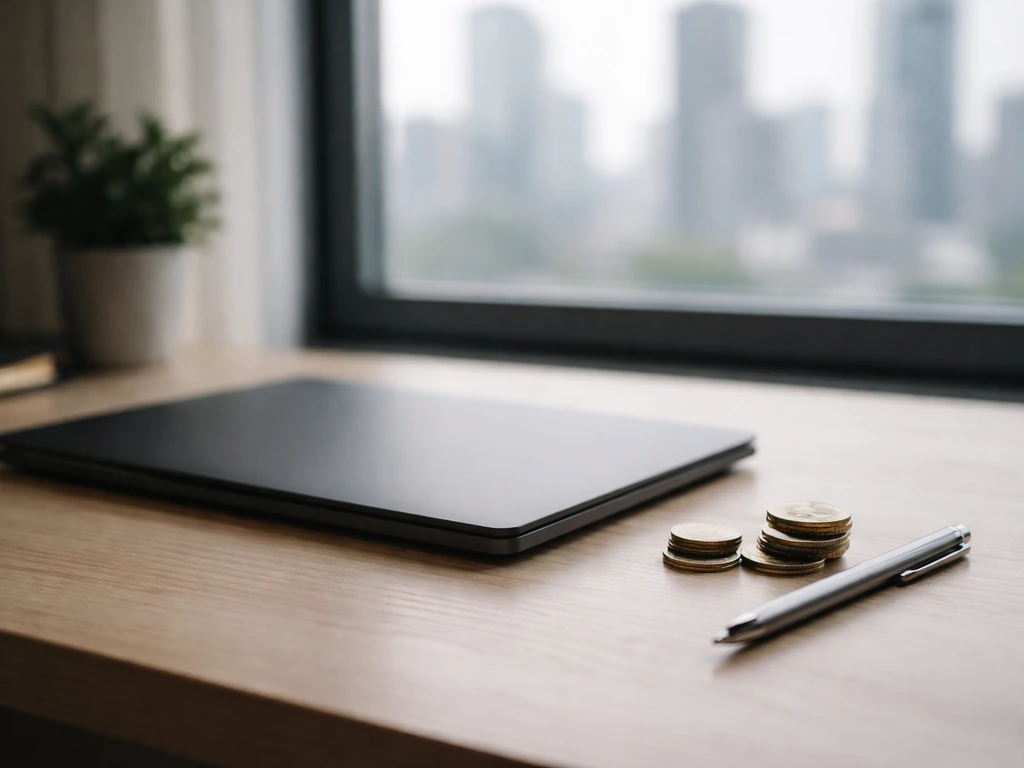 Minimal office desk scene with a closed laptop and scattered coins, symbolizing fintech net worth analysis.
