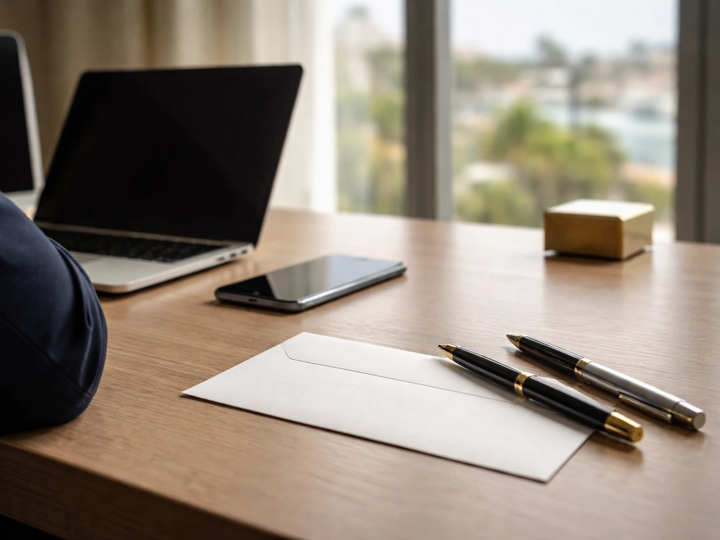 Minimal fintech office desk with suit sleeve, laptop, smartphone, and executive compensation cues in natural light.