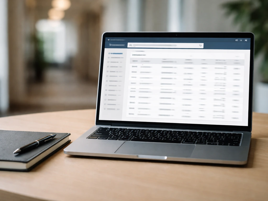 Close-up of a laptop screen showing a blurred company registry style search, with a notebook and pen nearby.