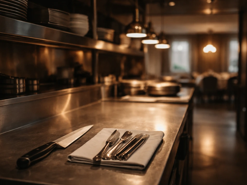 Empty upscale restaurant kitchen scene with warm lights and a subtle sense of wealth and business success.