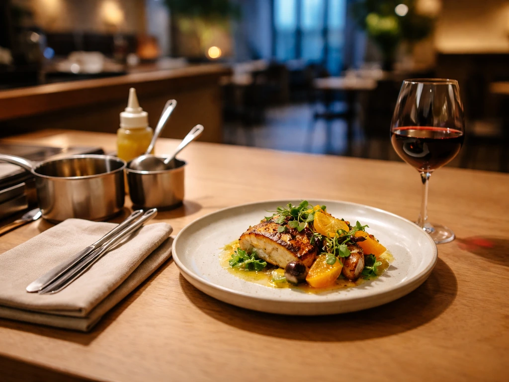A chef’s plating station with an elegant plated dish and a glass of wine in a modern Melbourne-style restaurant.