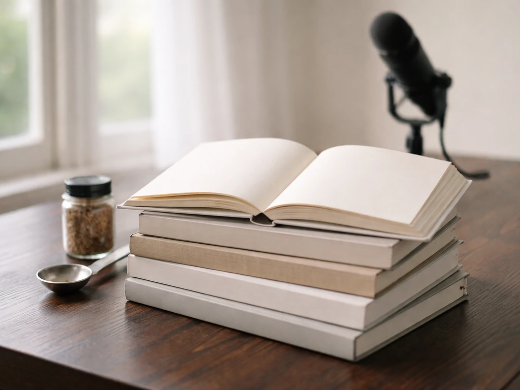 Cookbook stack on a table with an open blank page and a studio microphone in soft background blur.