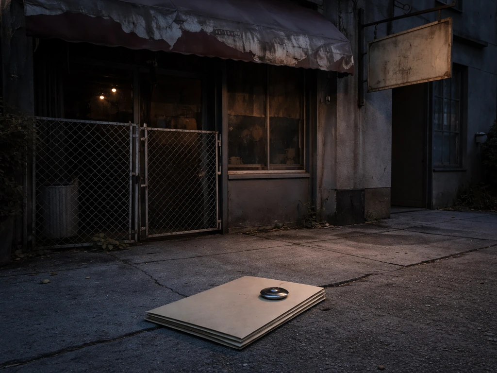 Closed restaurant exterior with faded awning and a manila folder on the ground, suggesting financial trouble.