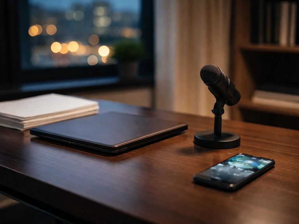 Finance executive lifestyle scene: tidy office desk with laptop, documents, and a smartphone showing market-style bokeh.