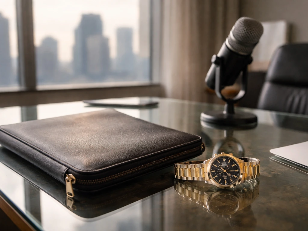 Anonymous executive desk with watch and portfolio, blurred city view and a microphone in the background.