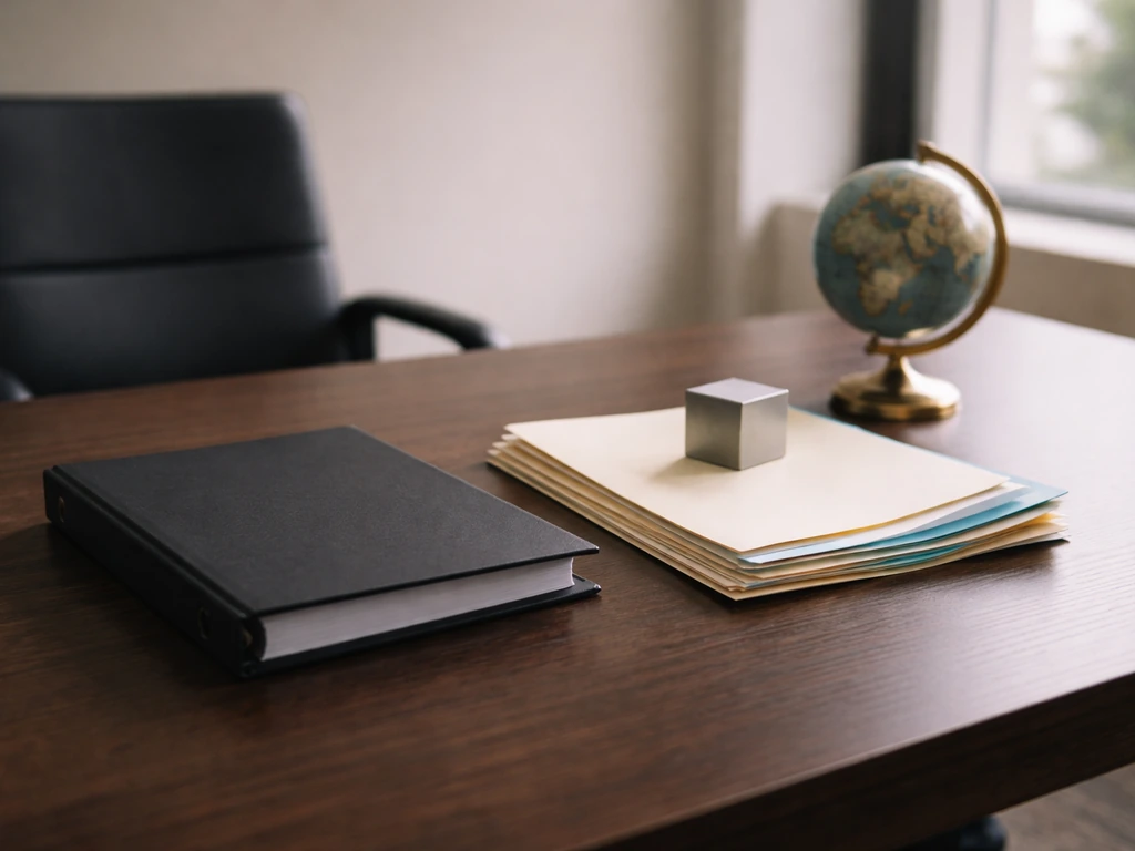 Minimal photo of a modern office desk with a binder, folders, and a small globe suggesting a corporate fund ecosystem.