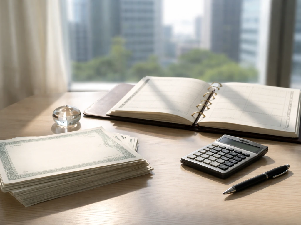 Close-up of an anonymous investor’s desk with share certificates and a calculator beside a blurred city skyline.
