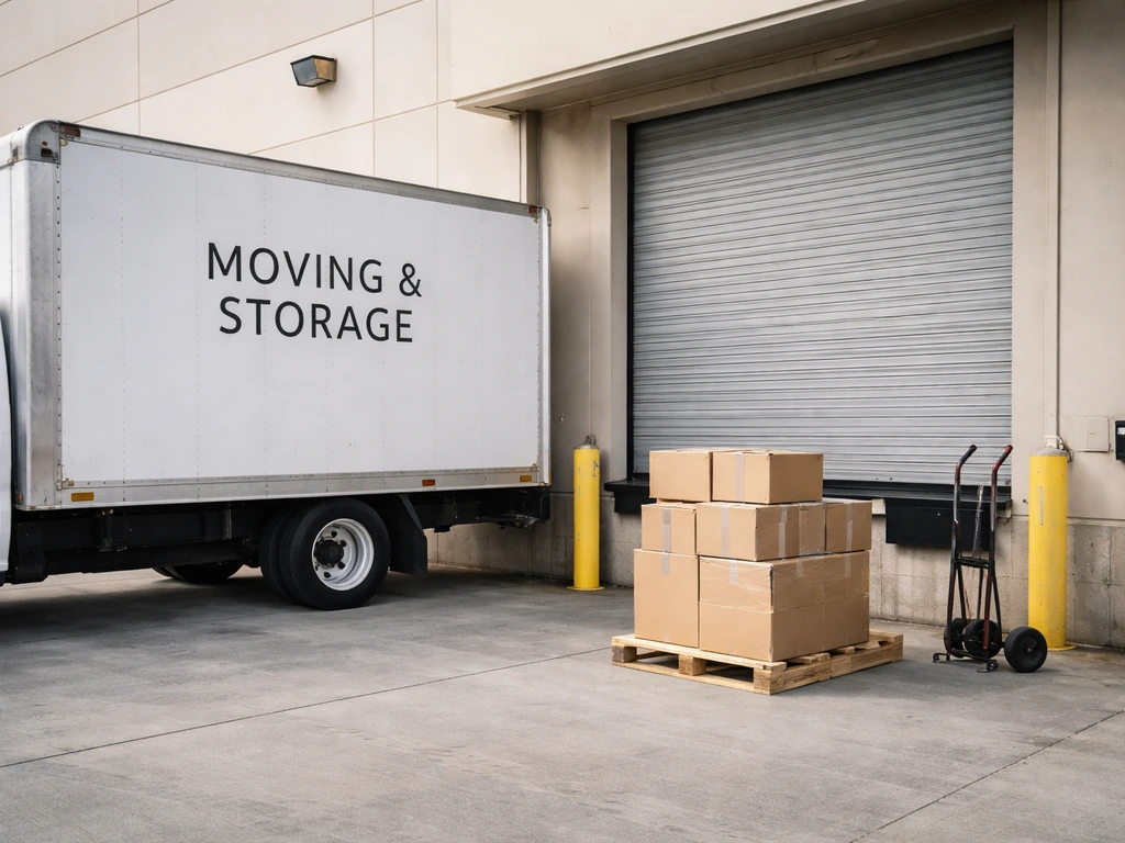 White moving box truck at a loading dock with stacked boxes and a pallet in soft daylight.