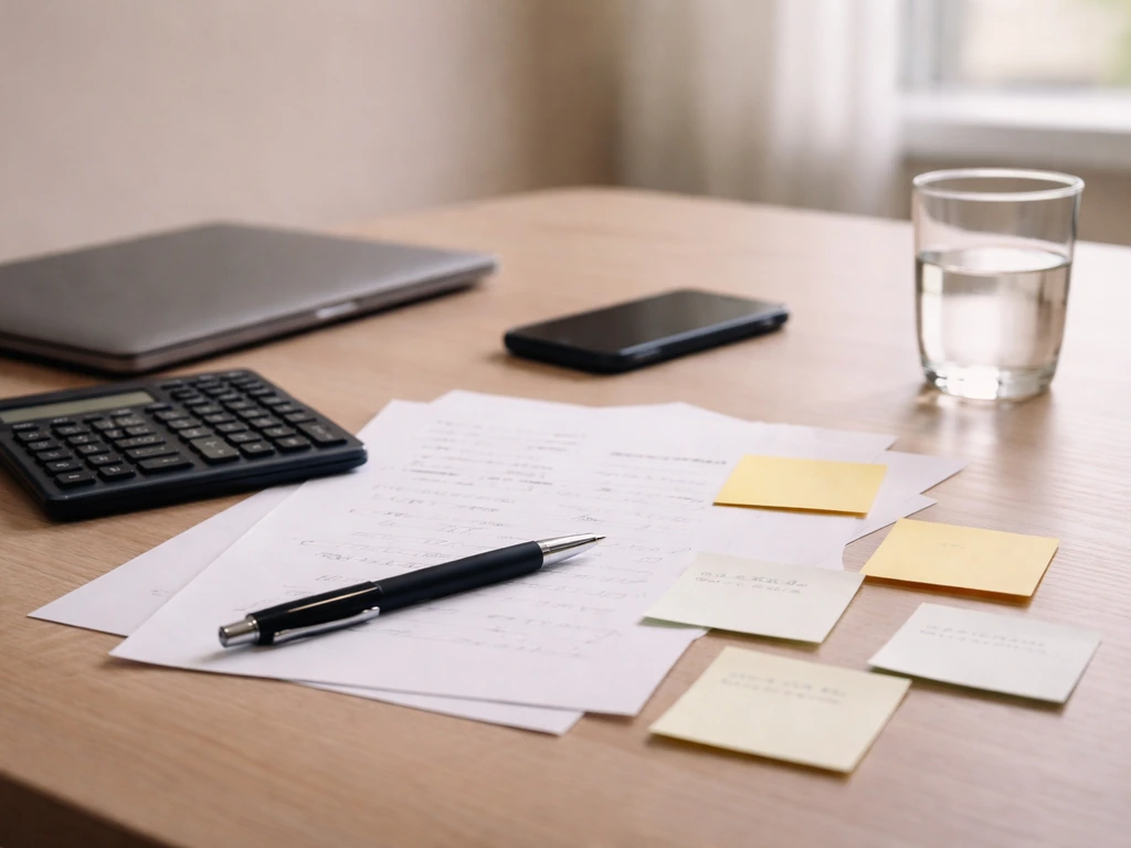 Analyst desk with calculator and printed ranges, sticky notes about assets and liabilities for net worth estimate