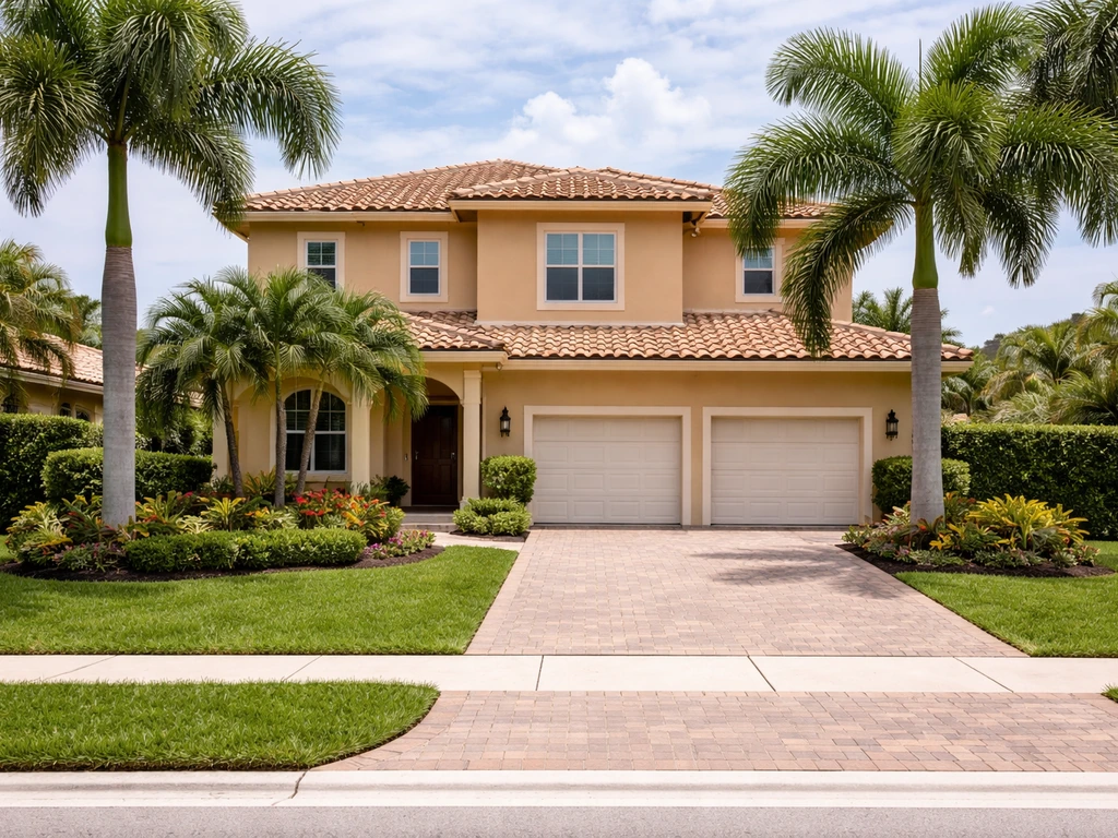 Jupiter, Florida suburban house exterior with palm trees and driveway, shown straight-on from the street
