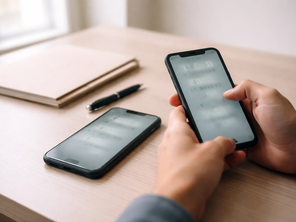 Minimal desk scene with two blurred phone screens showing conflicting money-figure estimates