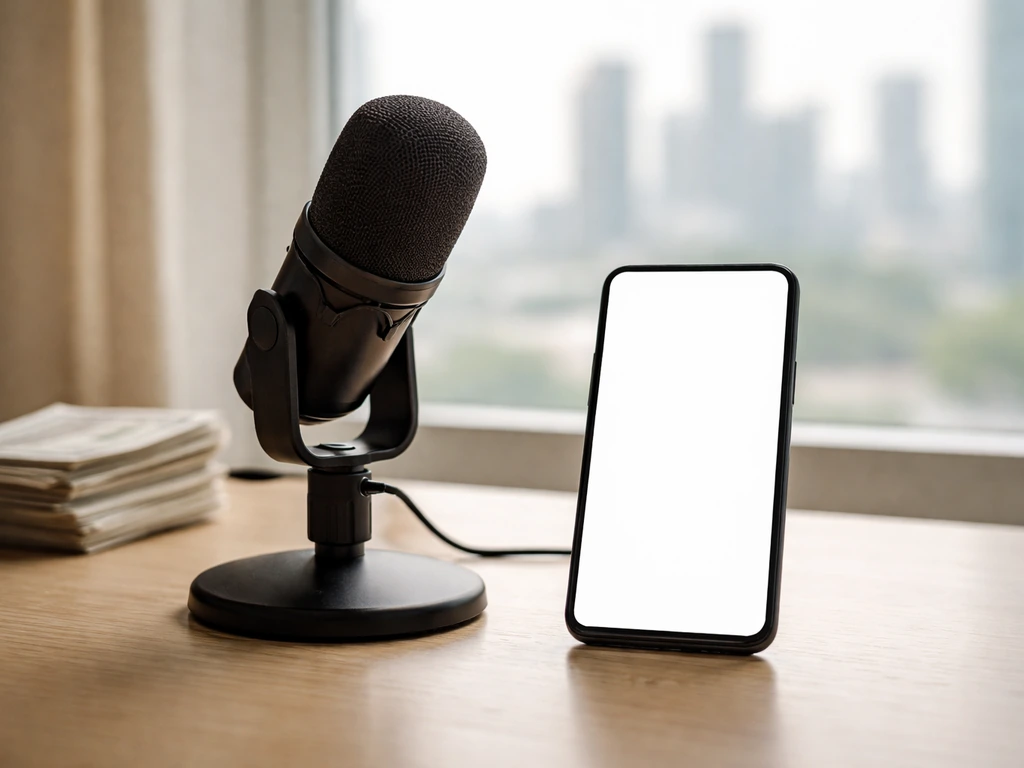 Minimal desk scene with a smartphone and microphone beside cash-like props, symbolizing estimated net worth range