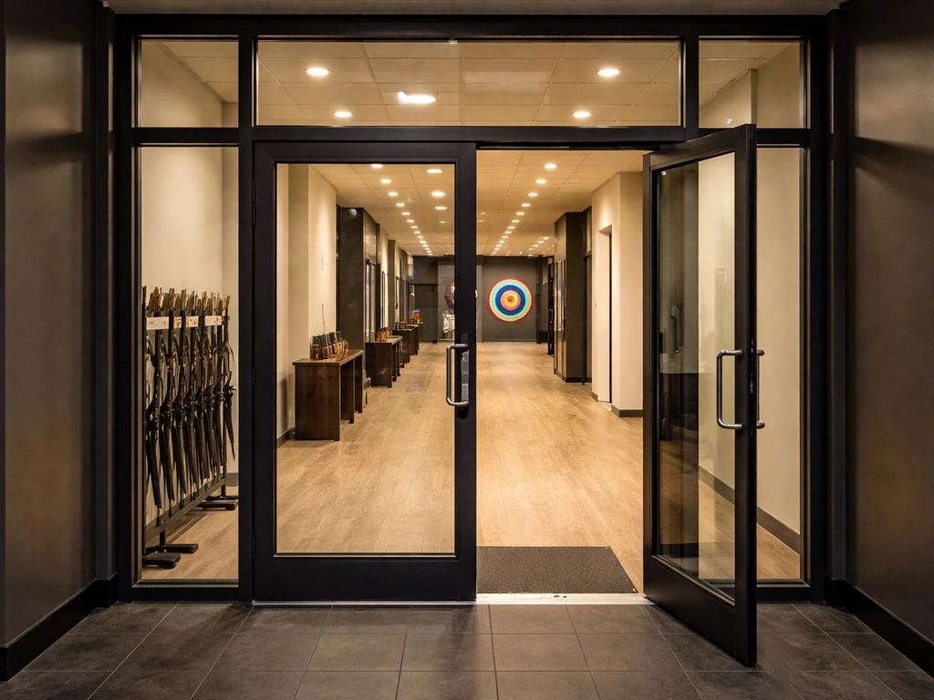 Quiet indoor archery range entrance with glass doors and warm light, no people visible.