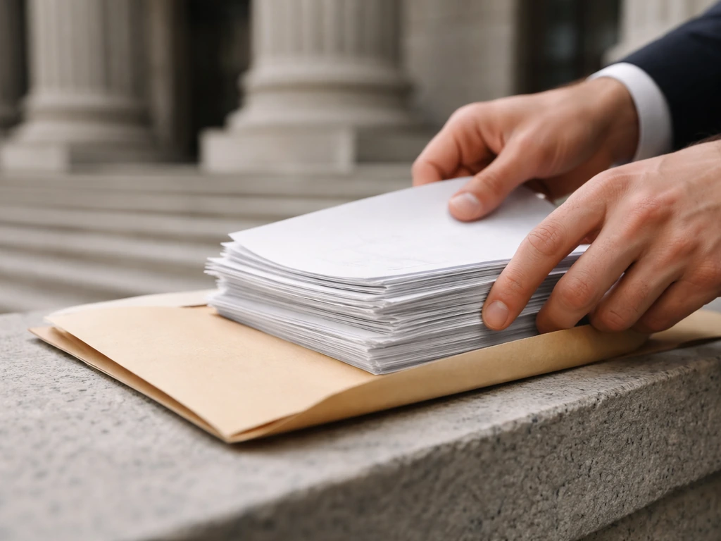 Close-up of hands placing legal paperwork in a courthouse folder on a courthouse steps.