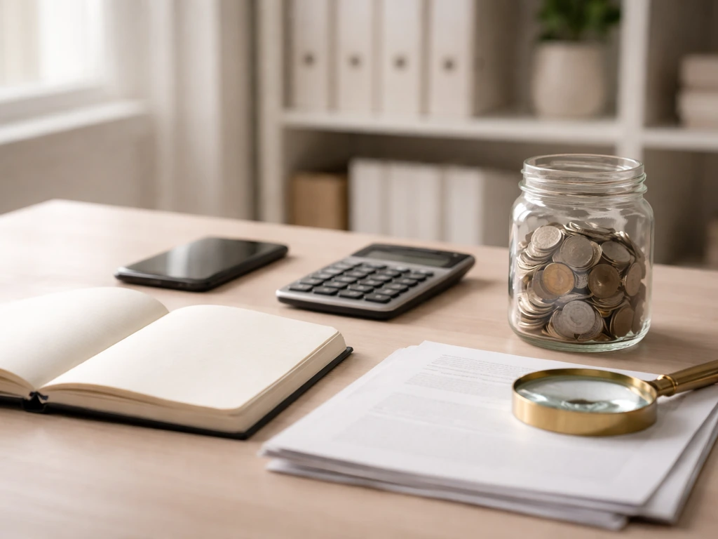 Minimal desk with blank documents, calculator, coins in a glass jar, and magnifying glass.