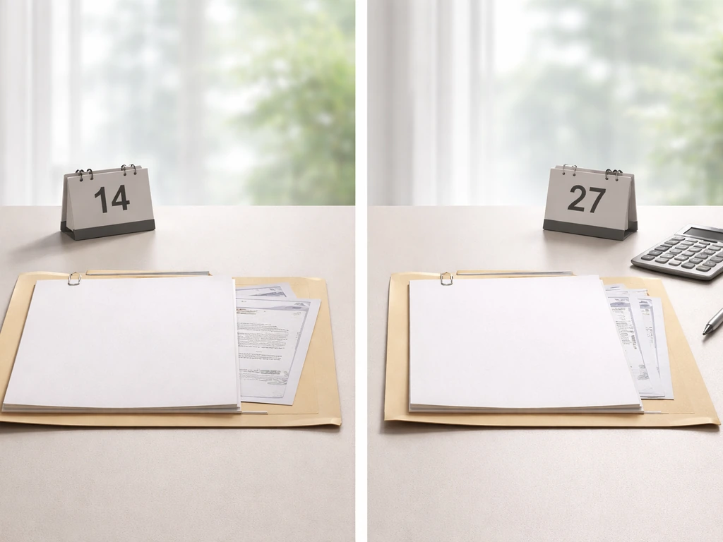 Two open folders with handwritten money figures and dates on a desk, symbolizing a net-worth range