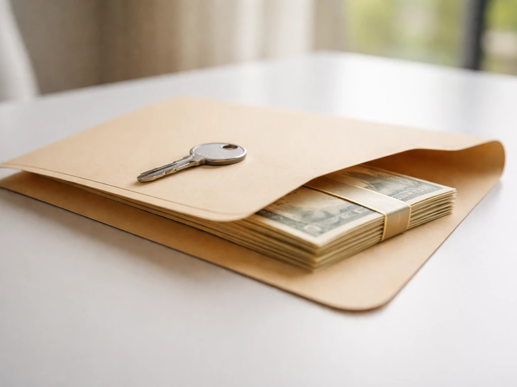 Minimal close-up of a single paper folder and key on a desk representing options and RSUs.
