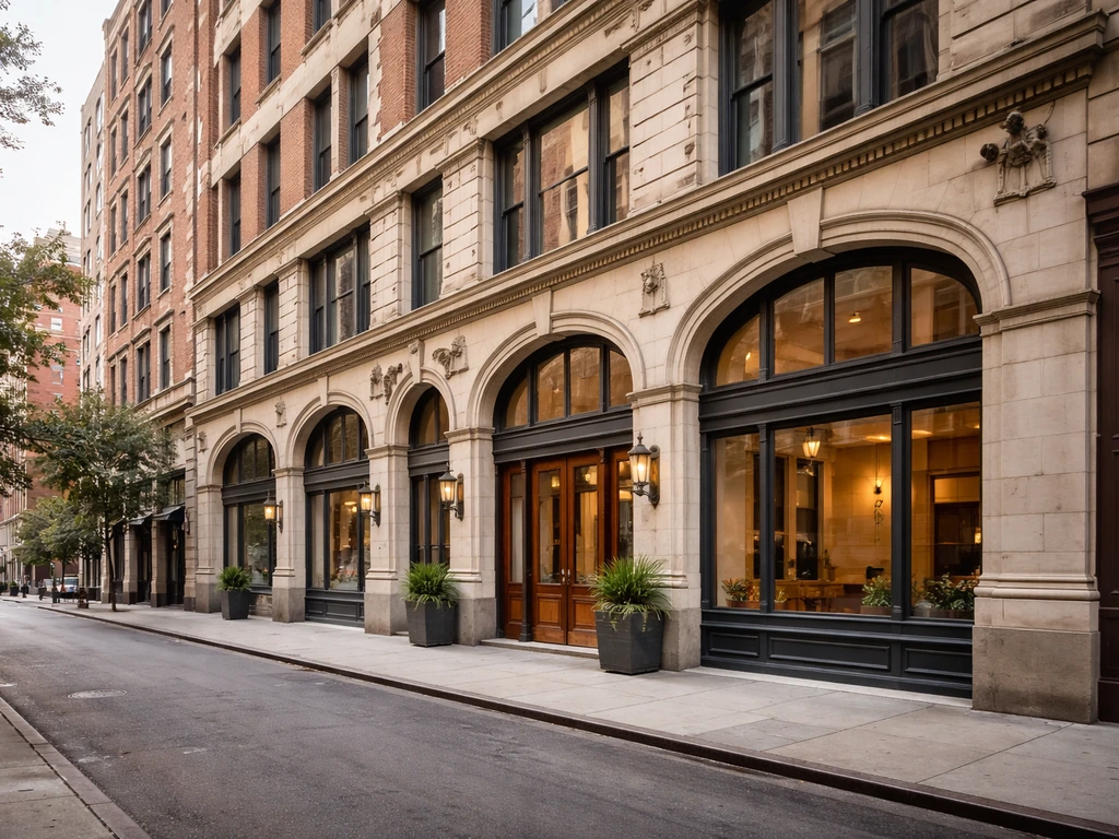 Tribeca street-level view of a Manhattan building exterior at 44 Hudson Street.