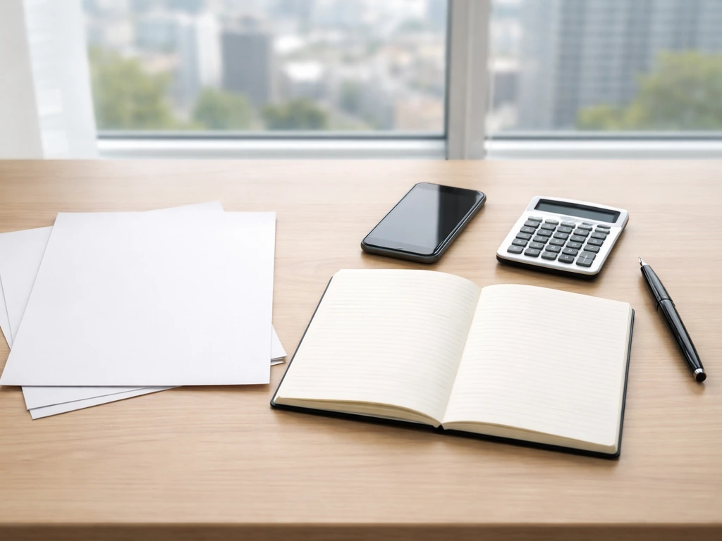 Minimal desk with blank papers, calculator, and phone suggesting comparing financial estimates across sources.