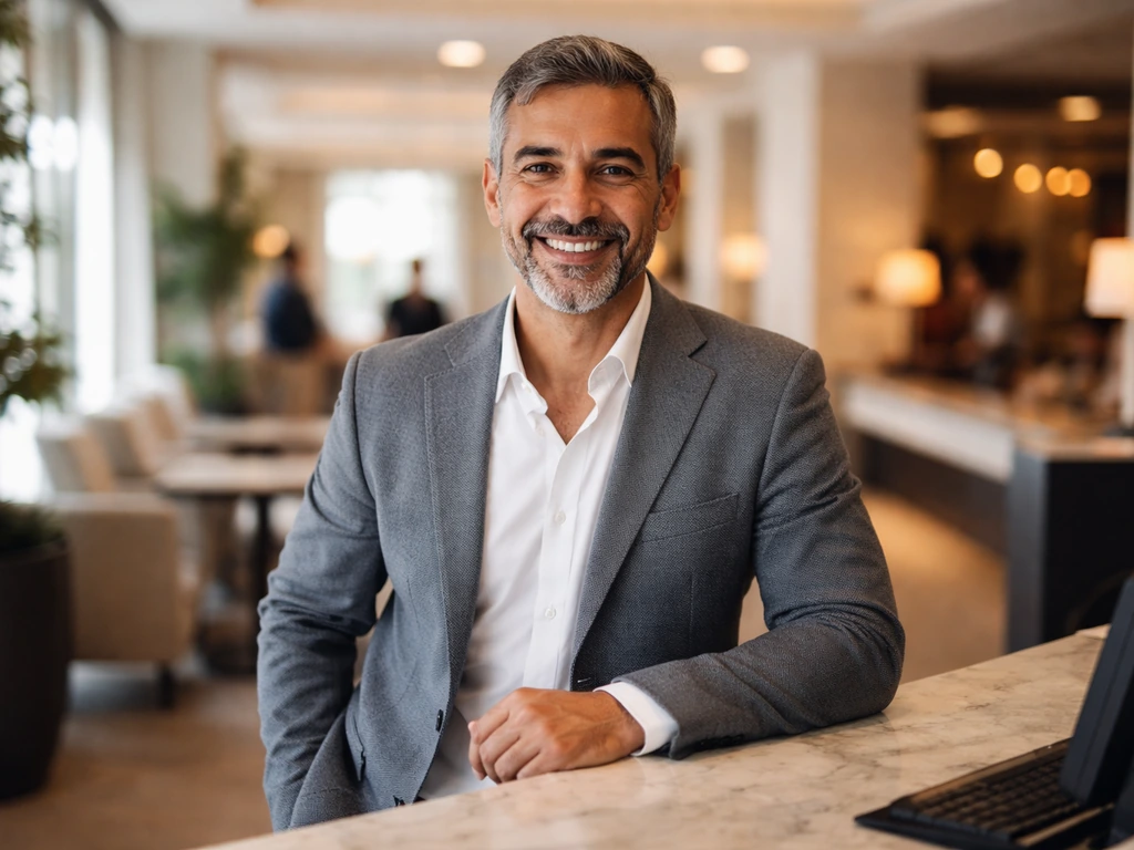 Anonymous hospitality business owner in an upscale hotel lobby behind the reception counter, warm natural light.