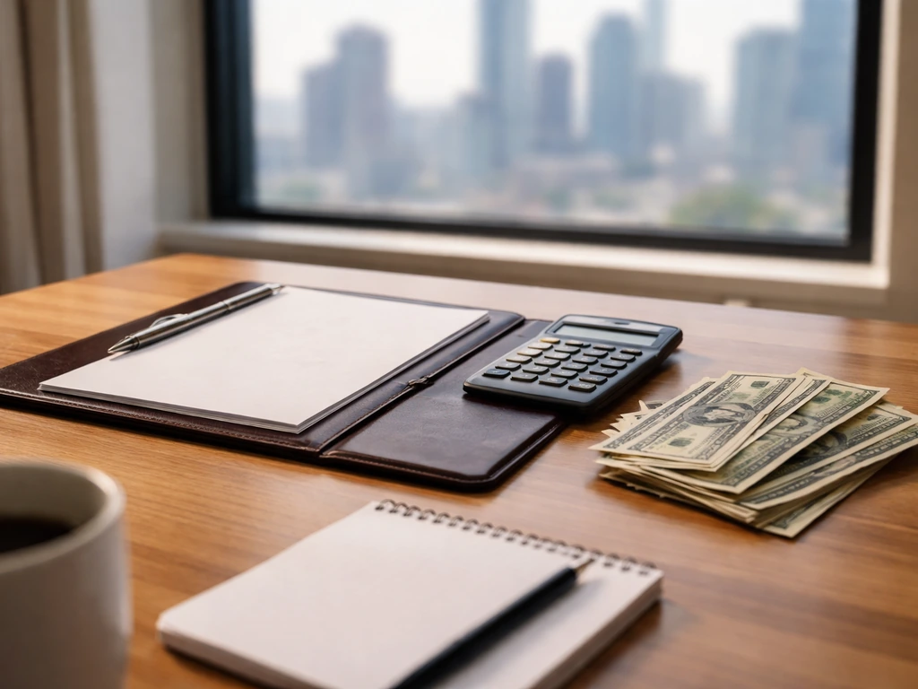 Quiet office desk with calculator and fanned cash beside an open portfolio, suggesting a money estimate range.