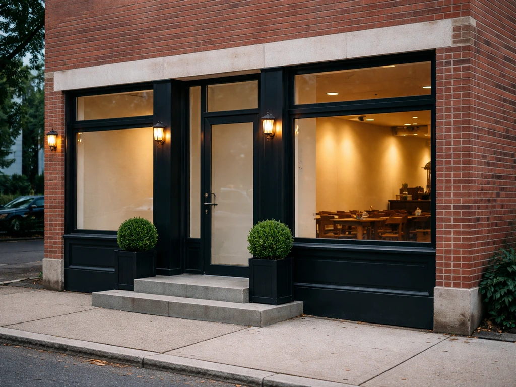 Close-up view of a commercial building exterior with a warm-lit restaurant interior glimpse through a window.