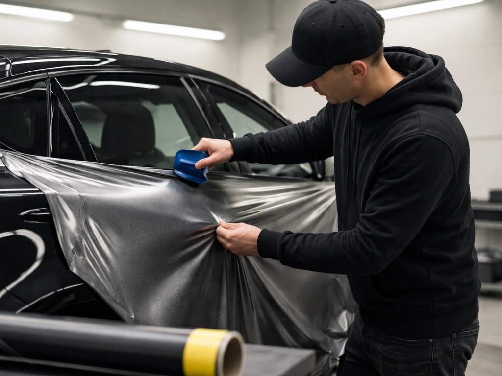 Anonymous car-wrapping entrepreneur aligning glossy vinyl wrap on a car in a quiet garage