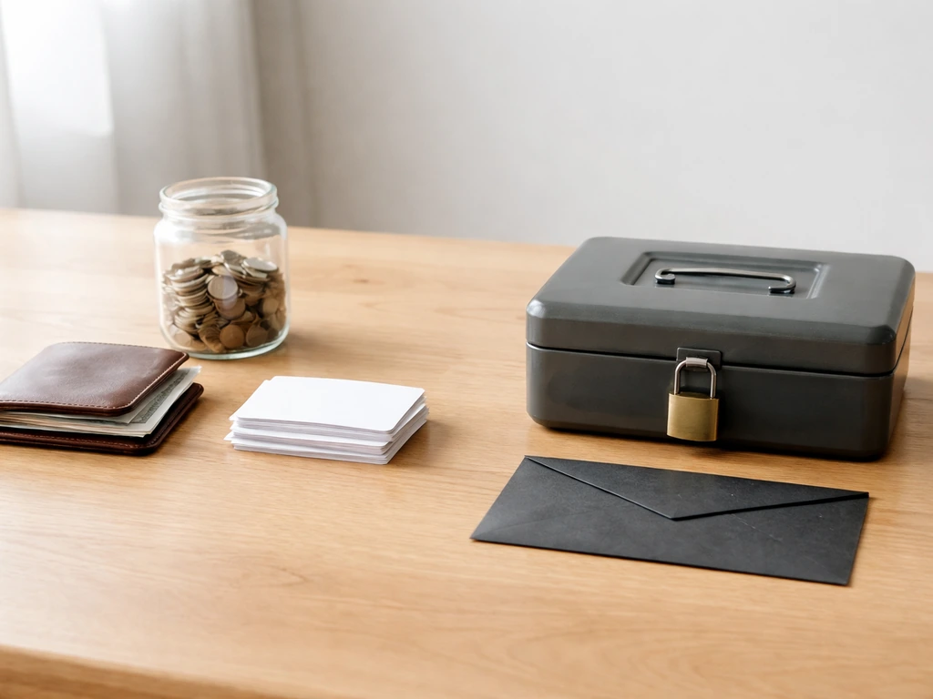 Minimal photo of a tidy desk with wallet, cash, and a folder beside a closed lockbox, symbolizing included vs excluded i