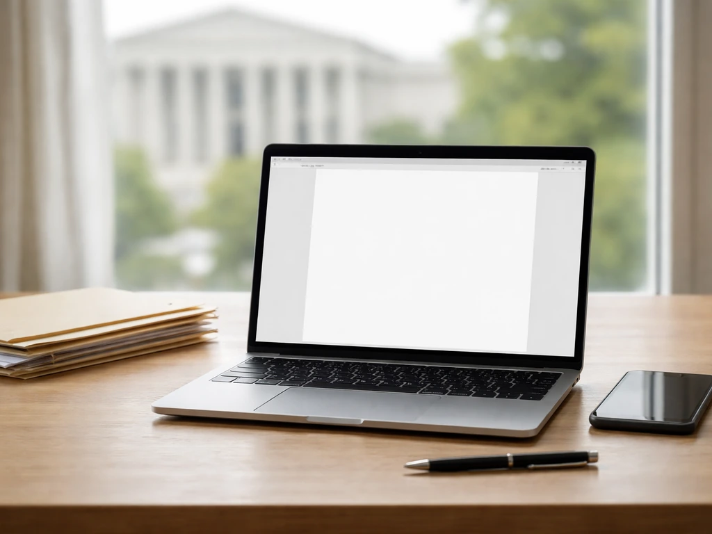 Minimal desk scene with laptop and phone, symbolizing using official records to research finance.