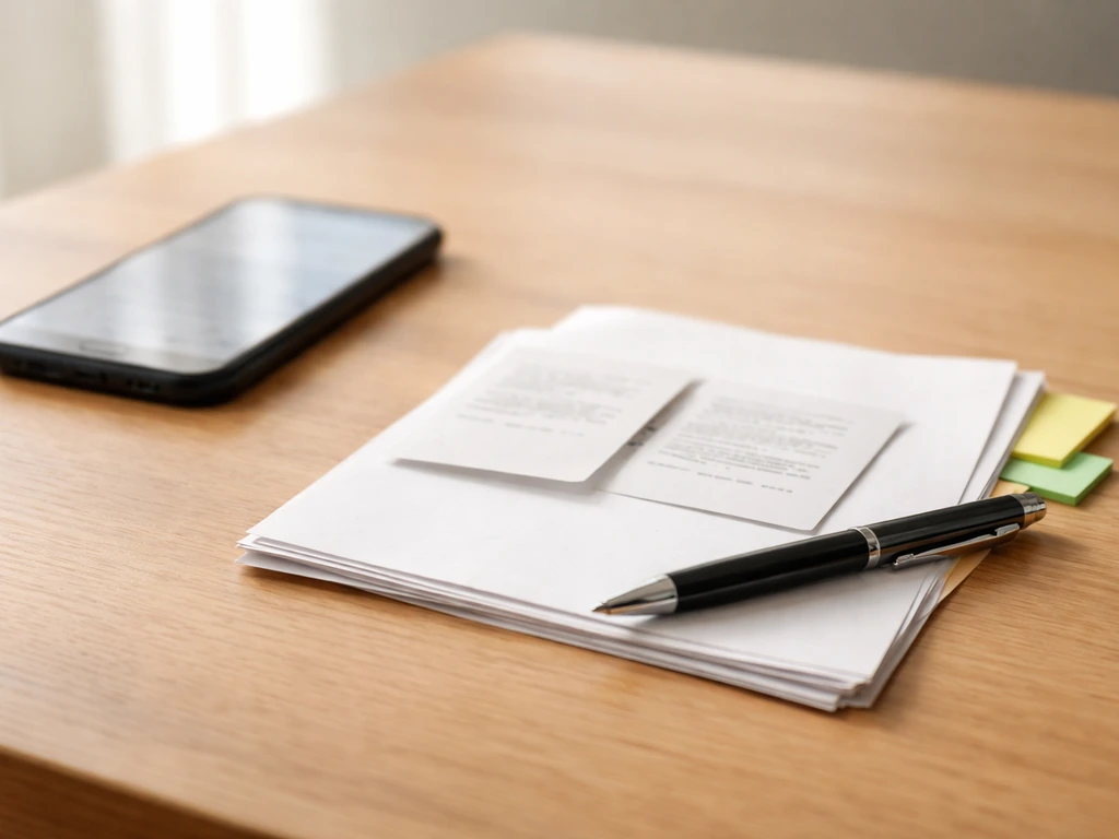 Minimal desk scene with scattered paper notes and a smartphone displaying a blurred numeric range